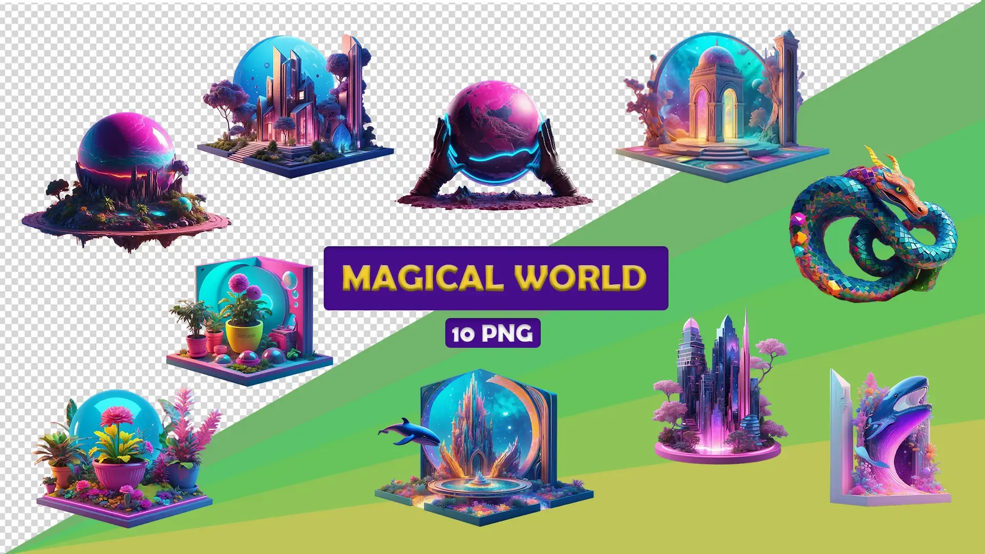 Fantasy Magical World 3D model elements collection